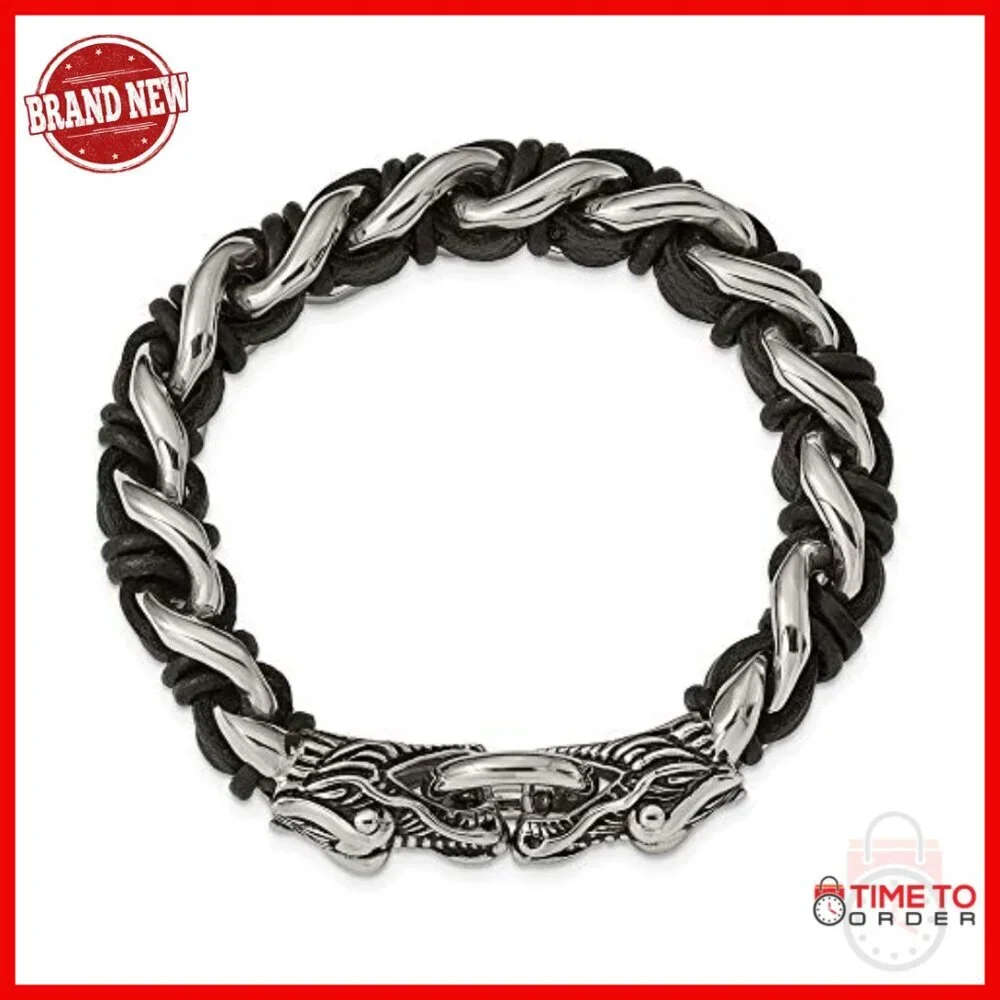 Stainless Steel Dragon Head Bracelet with Leather Band, 8.5 Inches